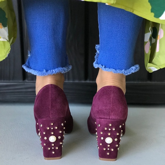 Pearl Drop Embellished Burgundy Block Heel Pumps - Picture 4 of 7